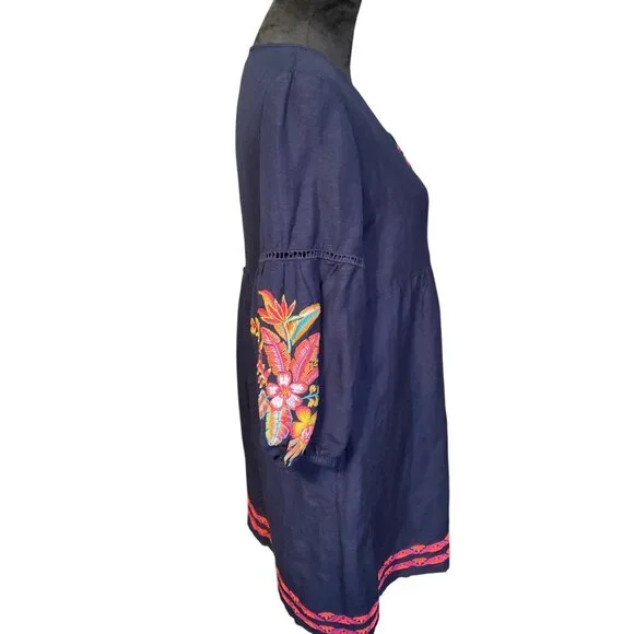 Vintage-Inspired Navy Blue Embroidered Boho Dress With Floral Sleeves & Red-Pink - Picture 3 of 5